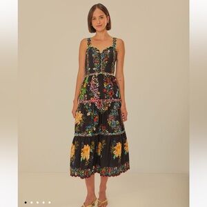 NWT Farm Rio - Black Delicate Forest Scarves Organic Cotton Maxi Dress - Size M